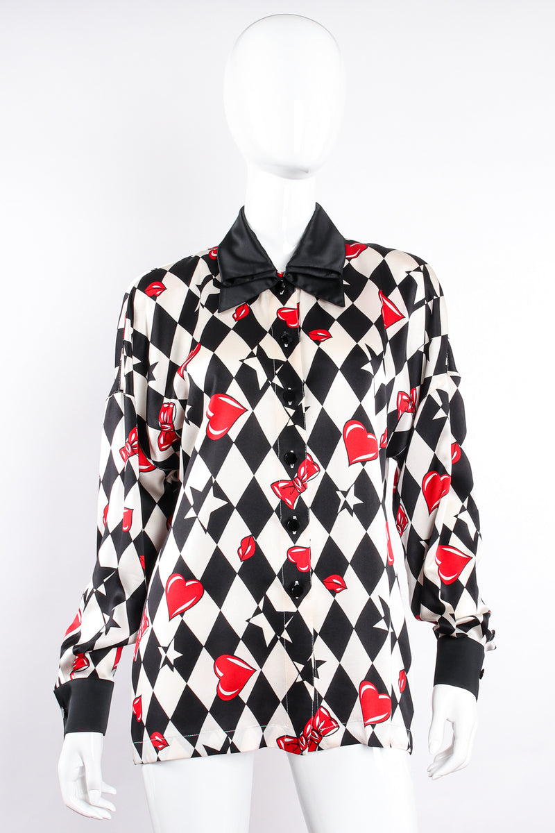 Vintage Escada Harlequin Hearts & Bows Silk Shirt on Mannequin front at Recess Los Angeles