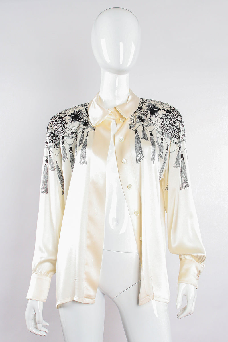 Vintage Escada Tasseled Mantilla Print Shirt on Mannequin open at Recess Los Angeles