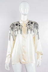 Vintage Escada Tasseled Mantilla Print Shirt on Mannequin front at Recess Los Angeles