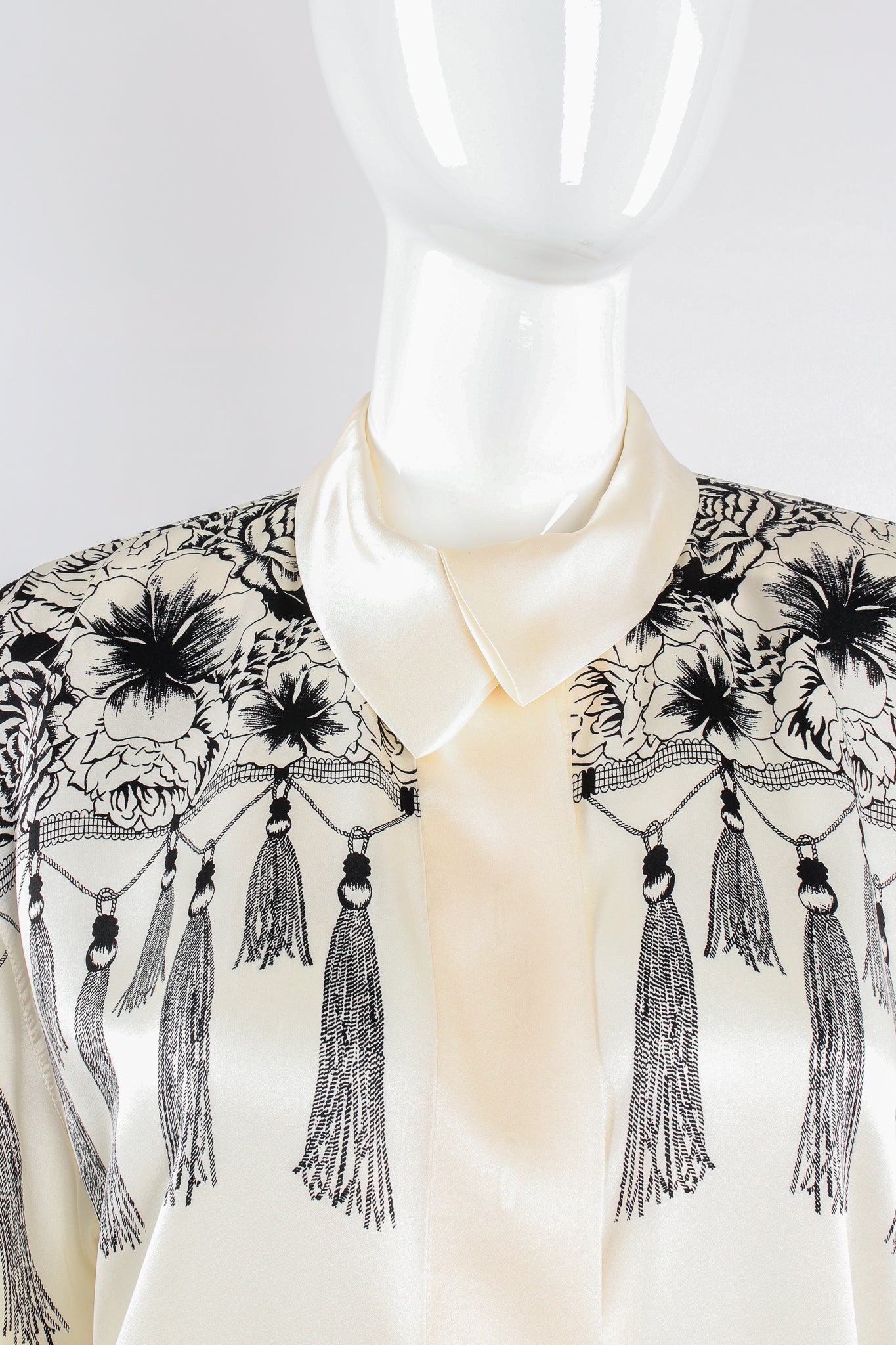 Vintage Escada Tasseled Mantilla Print Shirt on Mannequin collar at Recess Los Angeles