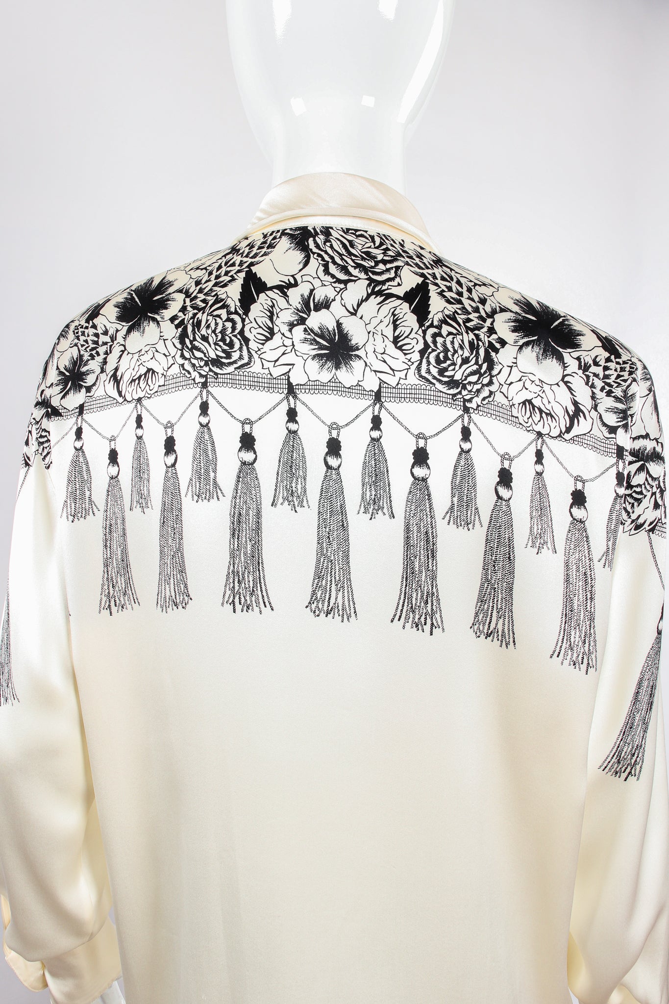 Vintage Escada Tasseled Mantilla Print Shirt on Mannequin back print at Recess Los Angeles