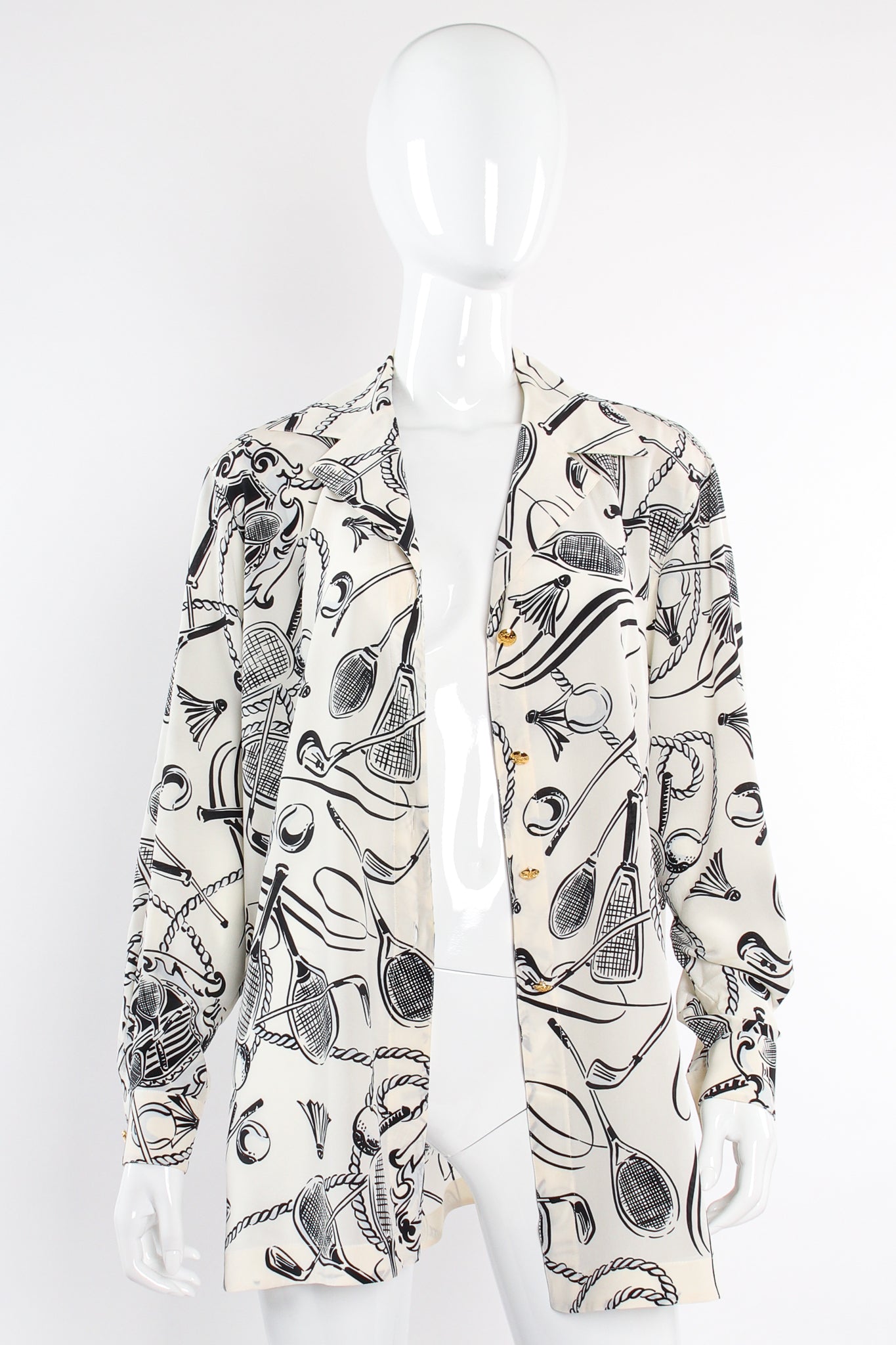 Vintage Escada Racquet Sport Print Silk Shirt on Mannequin open at Recess Los Angeles