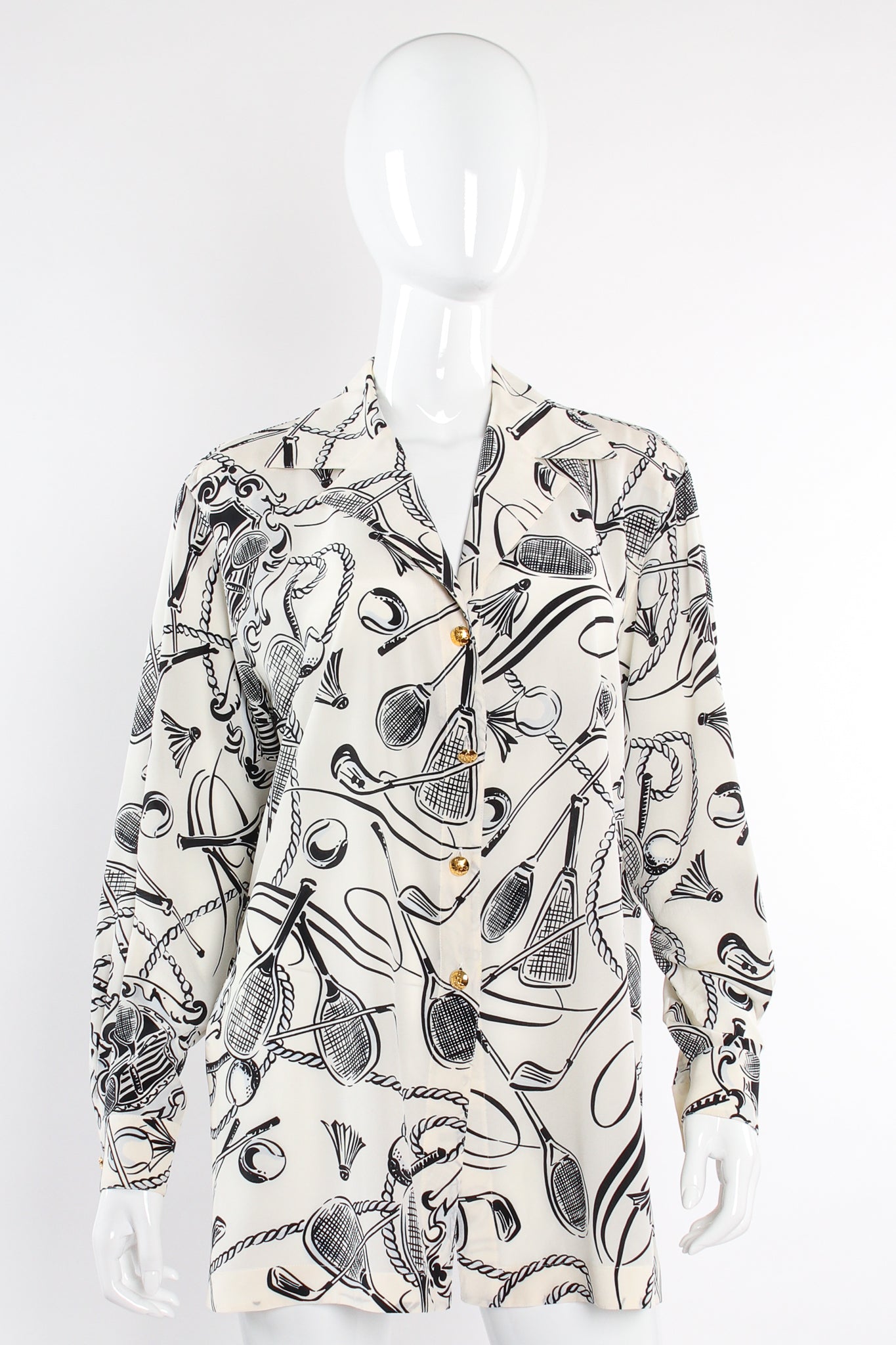 Vintage Escada Racquet Sport Print Silk Shirt on Mannequin front at Recess Los Angeles