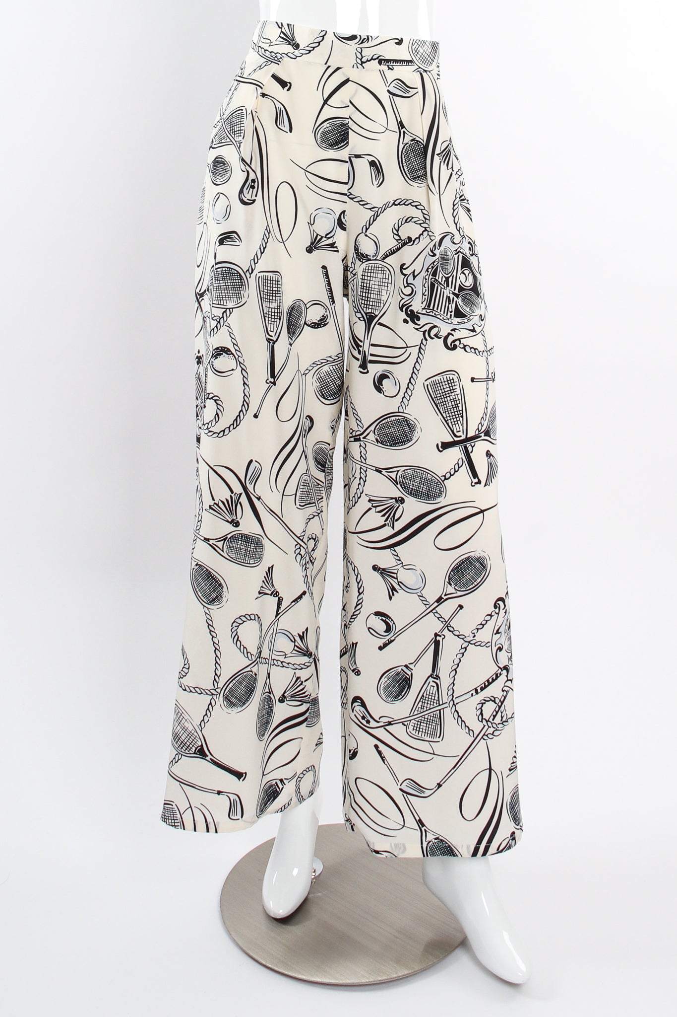 Vintage Escada Tennis Racquet Sport Print Silk Pant on Mannequin front at Recess LA