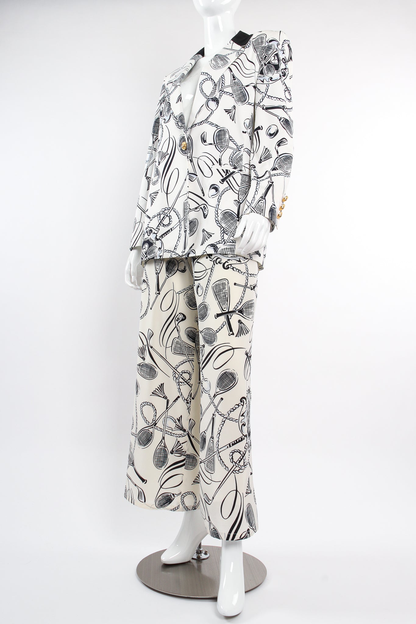 Vintage Escada Tennis Racquet Sport Print Silk Pant suit on Mannequin angle at Recess LA