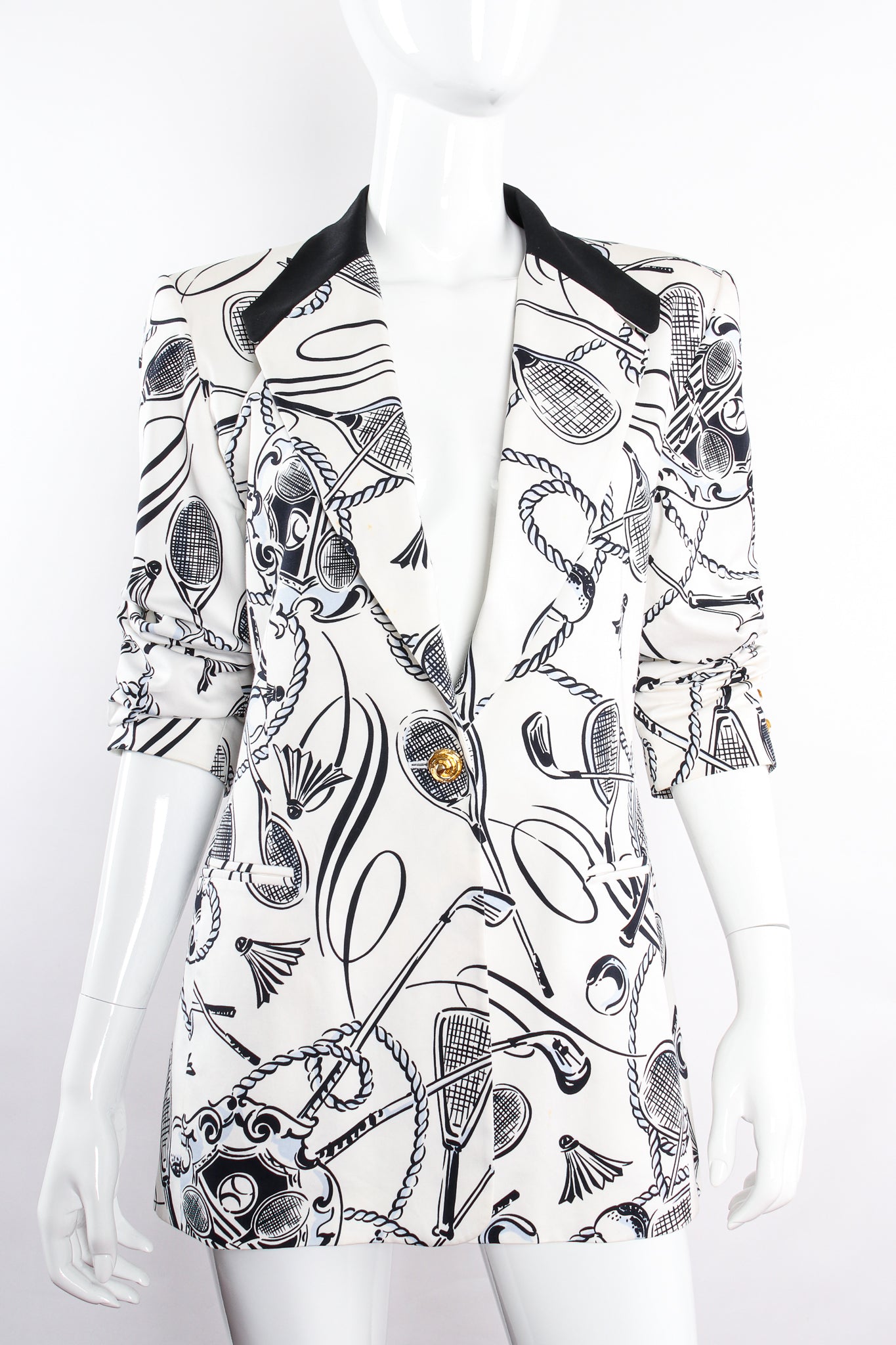 Vintage Escada Tennis Racket Club Sport Print Jacket on Mannequin front at Recess Los Angeles