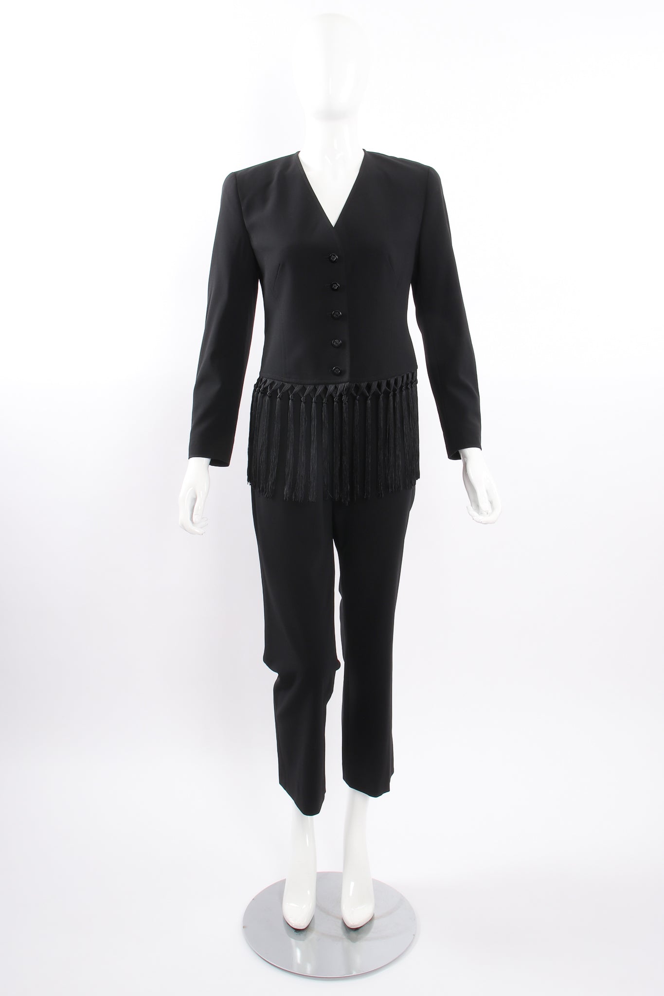 Vintage Escada Macrame Fringe Jacket & Pant Suit on Mannequin front at Recess Los Angeles