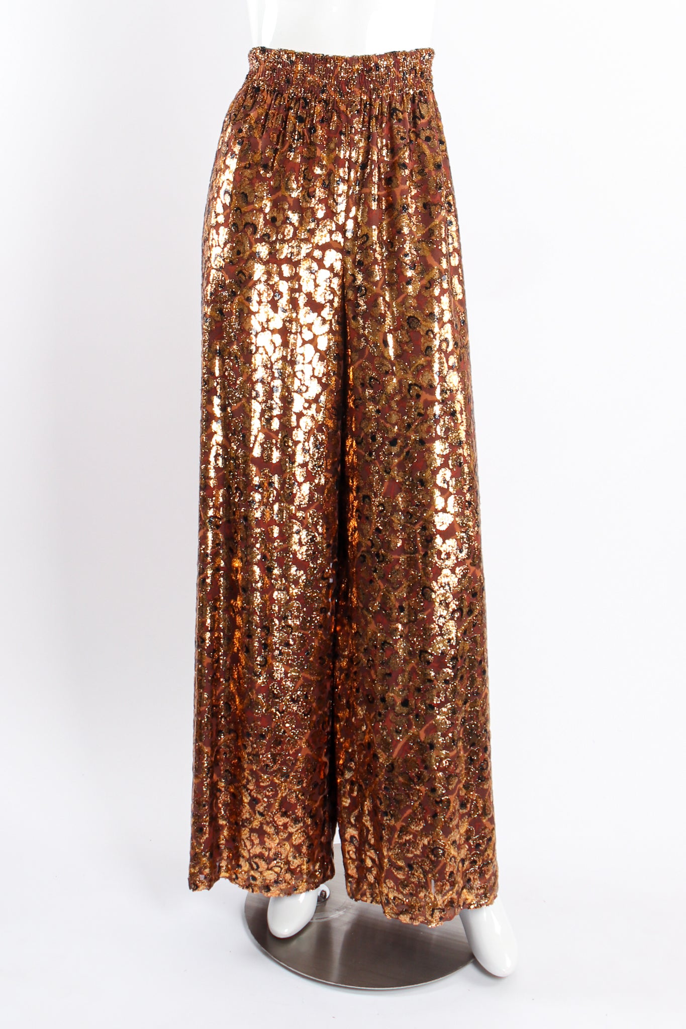 Vintage Escada Metallic Velvet Lamé Burnout Pant on mannequin front at Recess Los Angeles