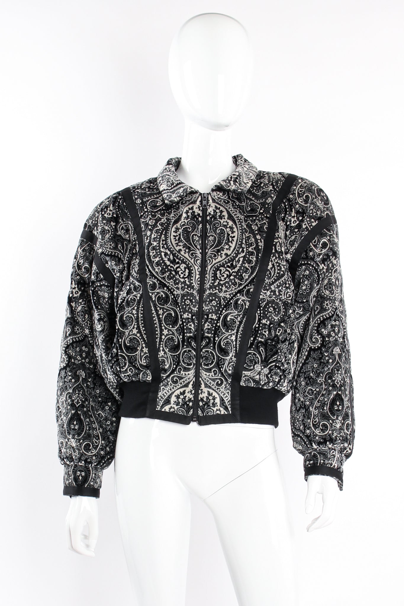 Vintage Escada Paisley Quilted Velvet Bomber Jacket on Mannequin front at Recess Los Angeles