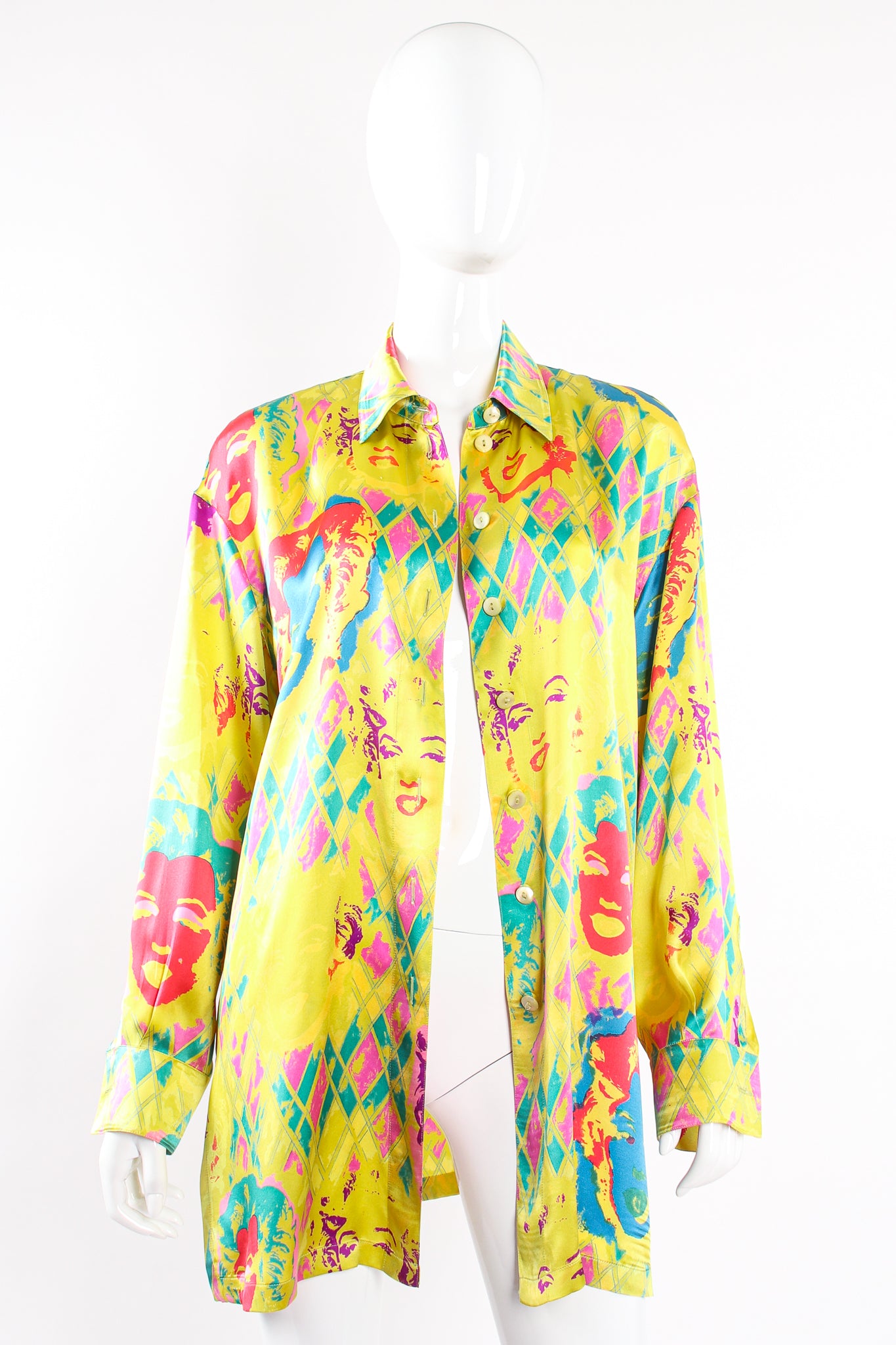 Vintage Escada Marilyn Monroe Silk Pop Art Shirt on Mannequin open at Recess Los Angeles