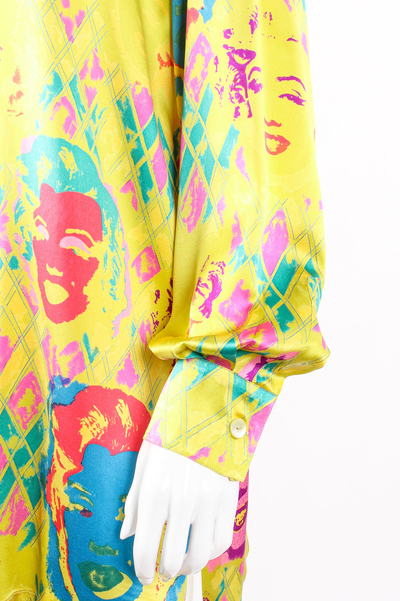 Vintage Escada Marilyn Monroe Silk Pop Art Shirt on Mannequin sleeve cuff at Recess Los Angeles