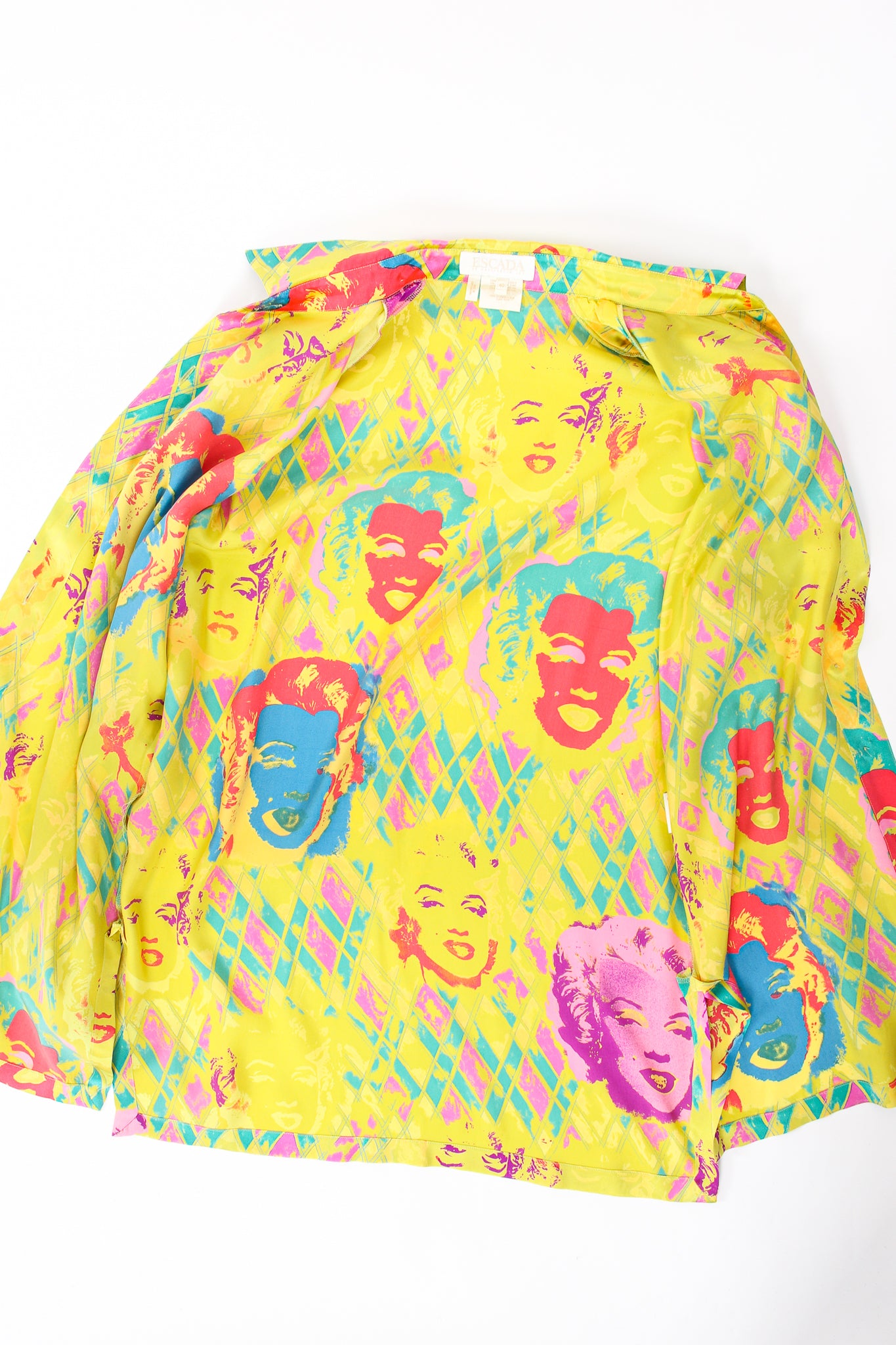 Vintage Escada Marilyn Monroe Silk Pop Art Shirt flat open at Recess Los Angeles