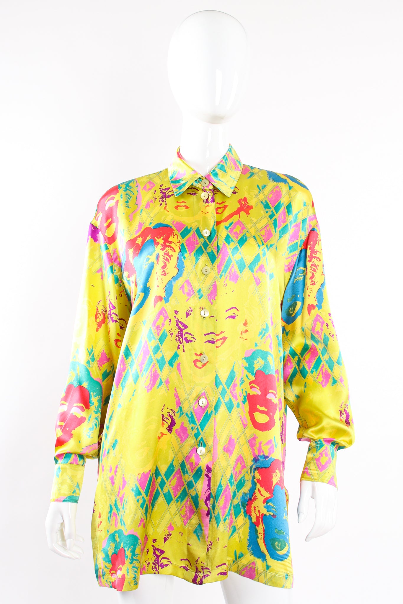 Vintage Escada Marilyn Monroe Silk Pop Art Shirt on Mannequin front at Recess Los Angeles