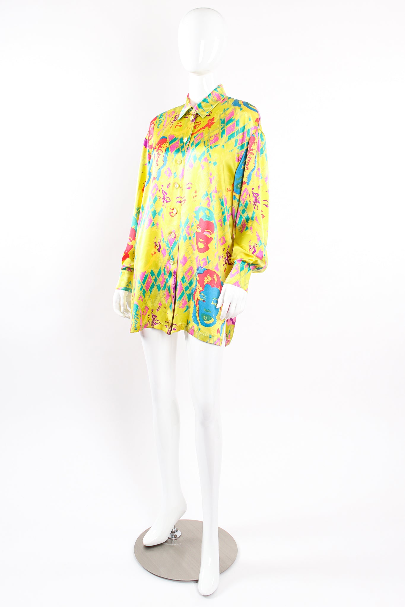 Vintage Escada Marilyn Monroe Silk Pop Art Shirt on Mannequin front crop at Recess Los Angeles