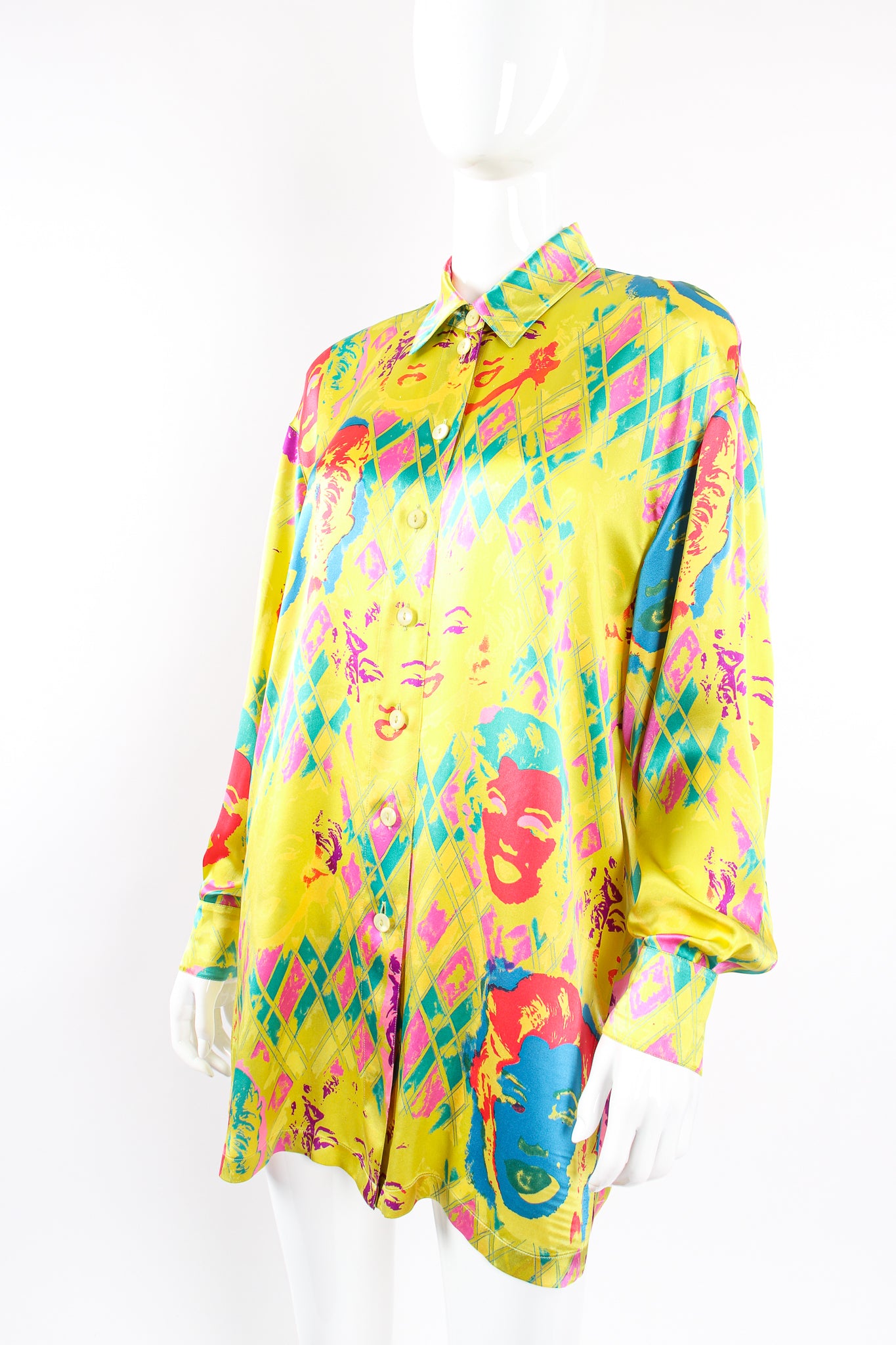 Vintage Escada Marilyn Monroe Silk Pop Art Shirt on Mannequin front angle crop @ Recess Los Angeles