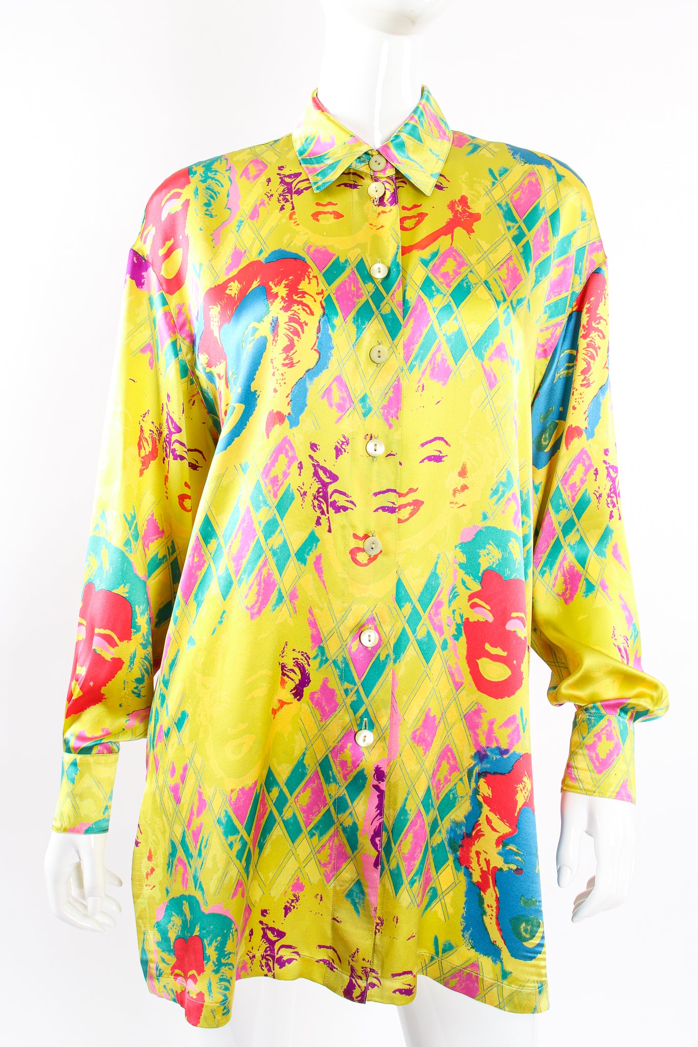 Vintage Escada Marilyn Monroe Silk Pop Art Shirt on Mannequin front crop at Recess Los Angeles