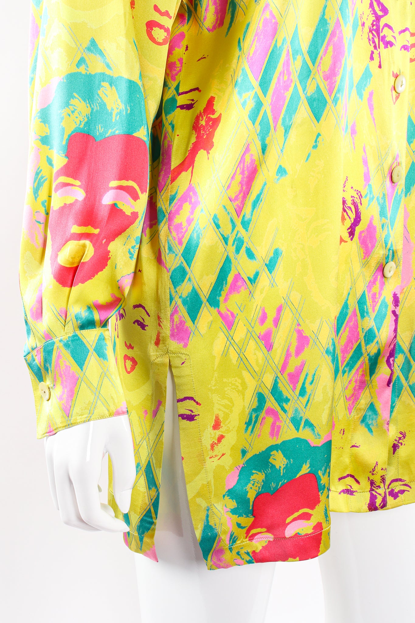 Vintage Escada Marilyn Monroe Silk Pop Art Shirt on Mannequin vent at Recess Los Angeles