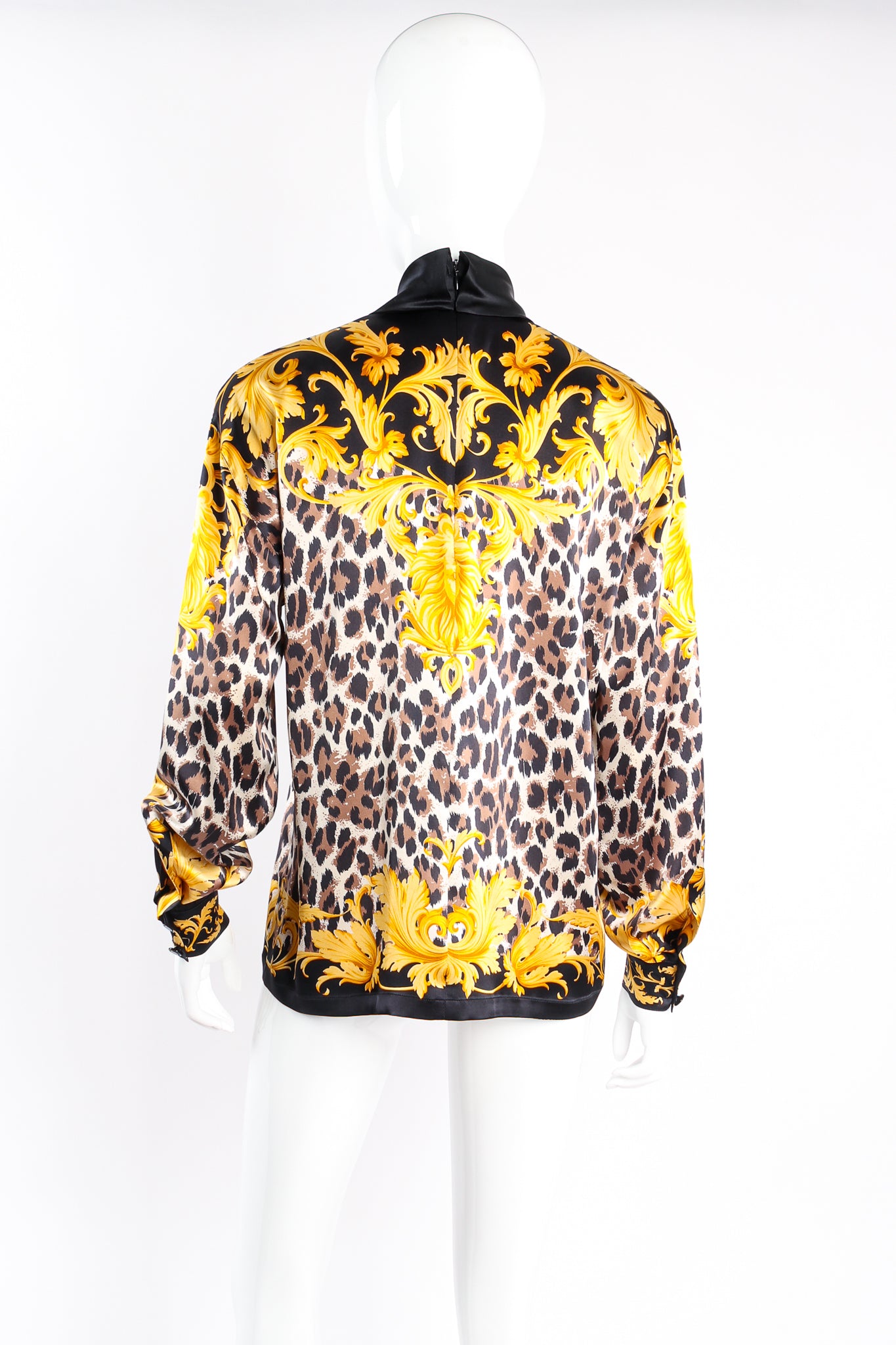 Vintage Escada Baroque Lion Cheetah Print Mock Neck Blouse on Mannequin back at Recess Los Angeles