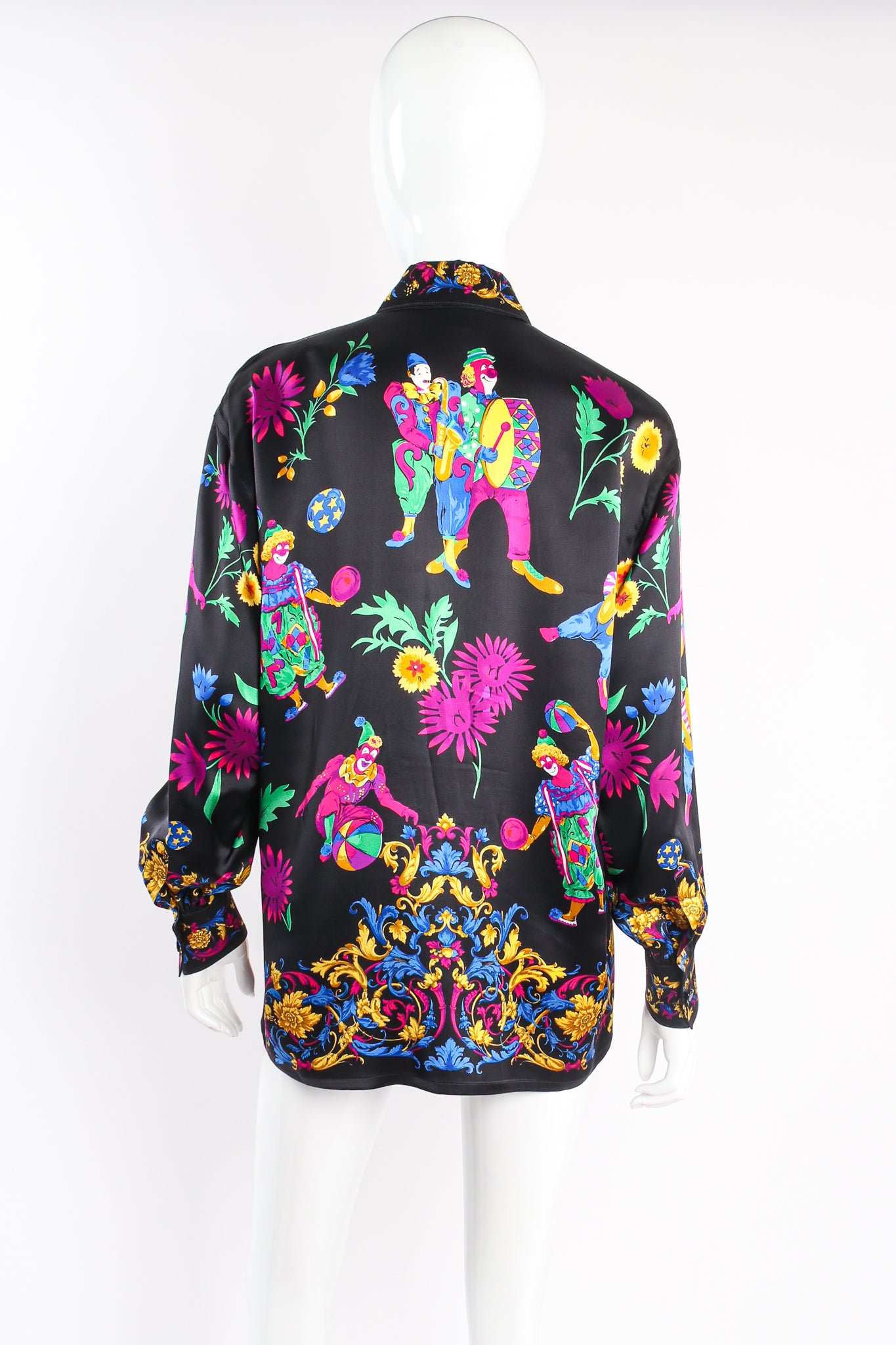 Vintage Escada Baroque Jovial Clown Print Shirt on Mannequin back at Recess Los Angeles