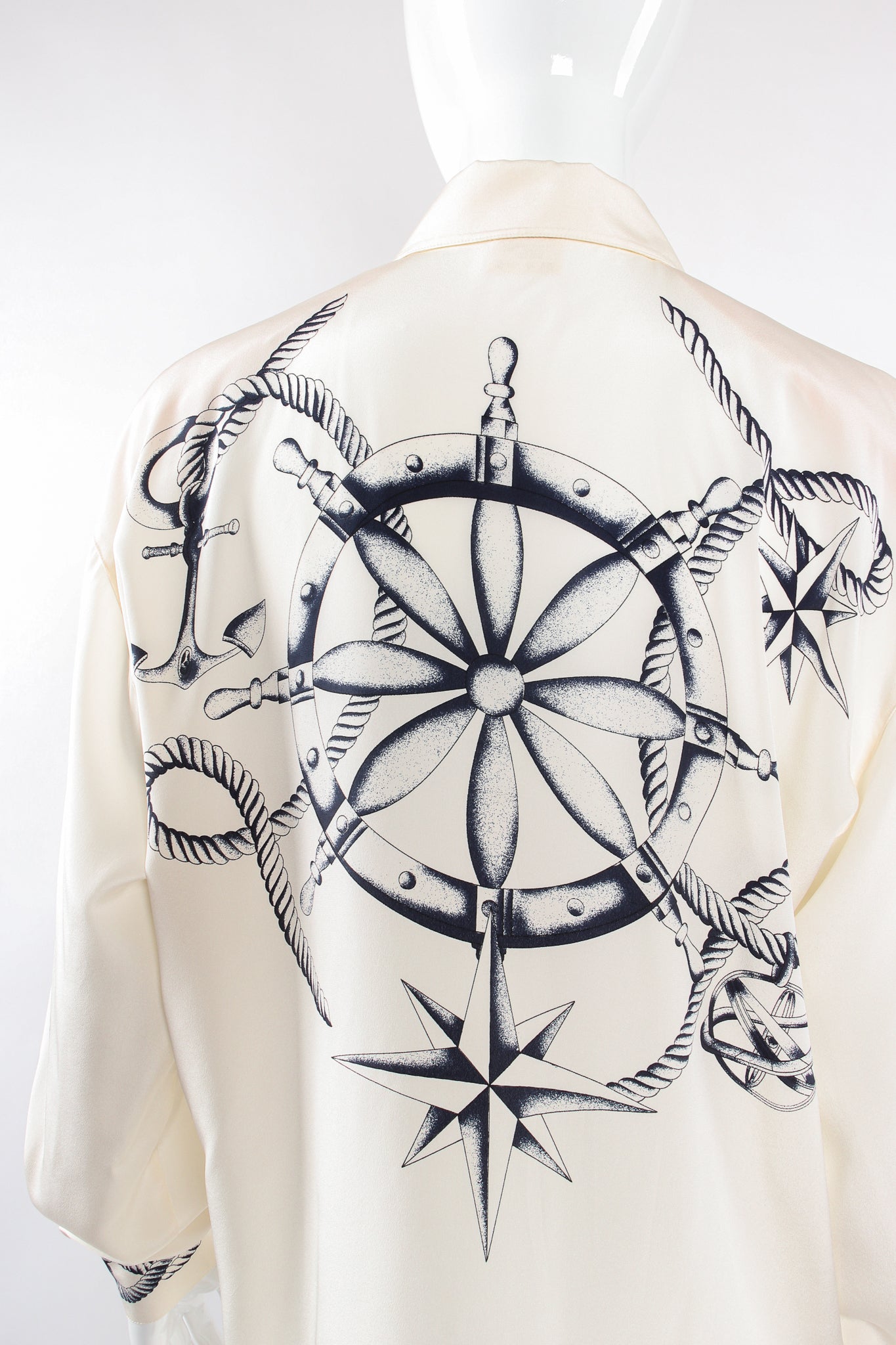 Vintage Escada Compass Star Nautical Satin Shirt on Mannequin back crop at Recess Los Angeles