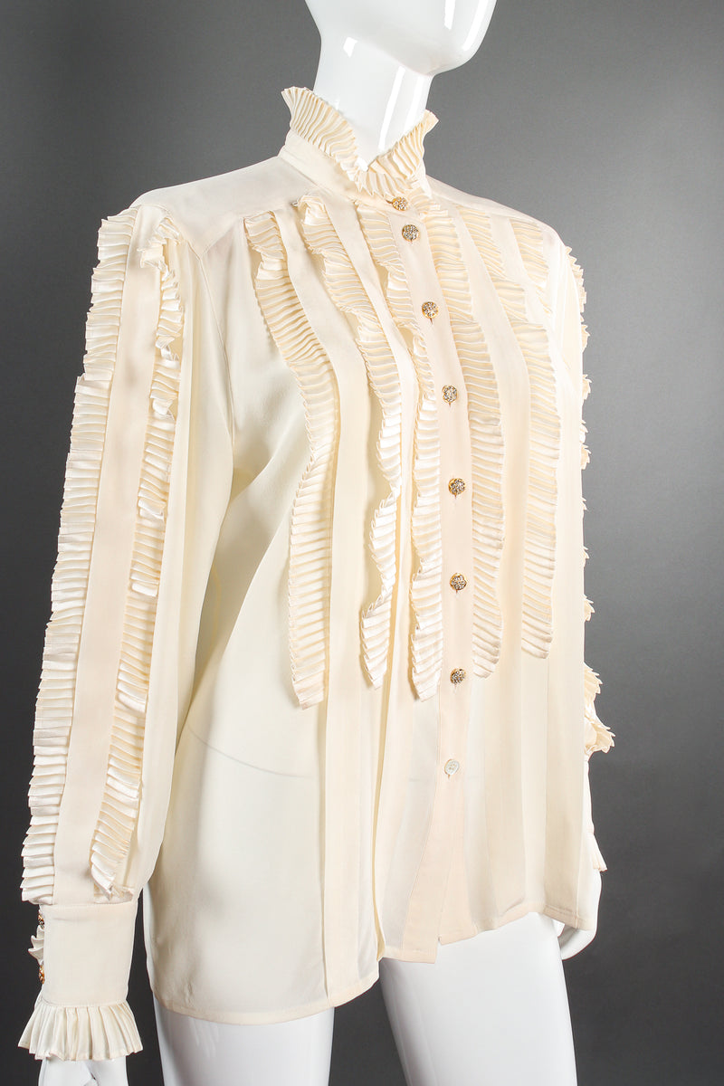 Vintage Escada Pleated Ruffle Tuxedo Blouse on Mannequin angle at Recess Los Angeles