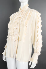 Vintage Escada Pleated Ruffle Tuxedo Blouse on Mannequin angle at Recess Los Angeles