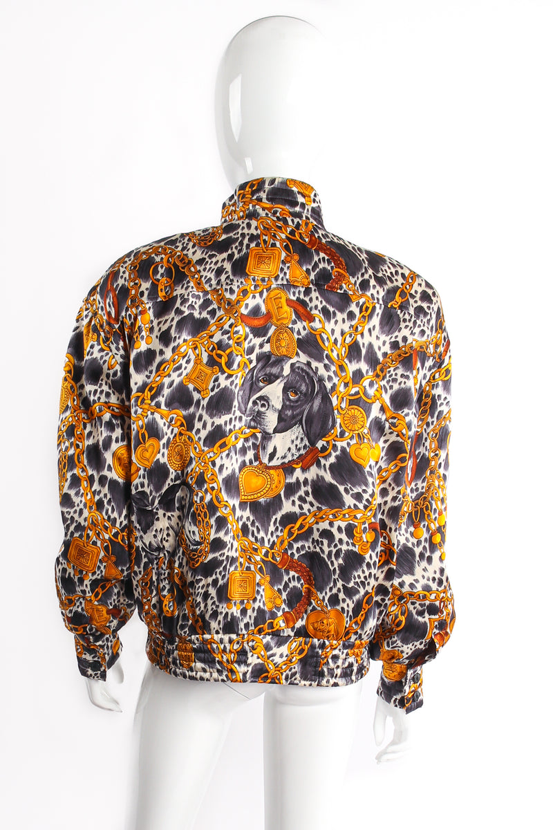 Vintage Escada Dog Hound Bridle Print Silk Bomber Jacket on Mannequin Back at Recess LA