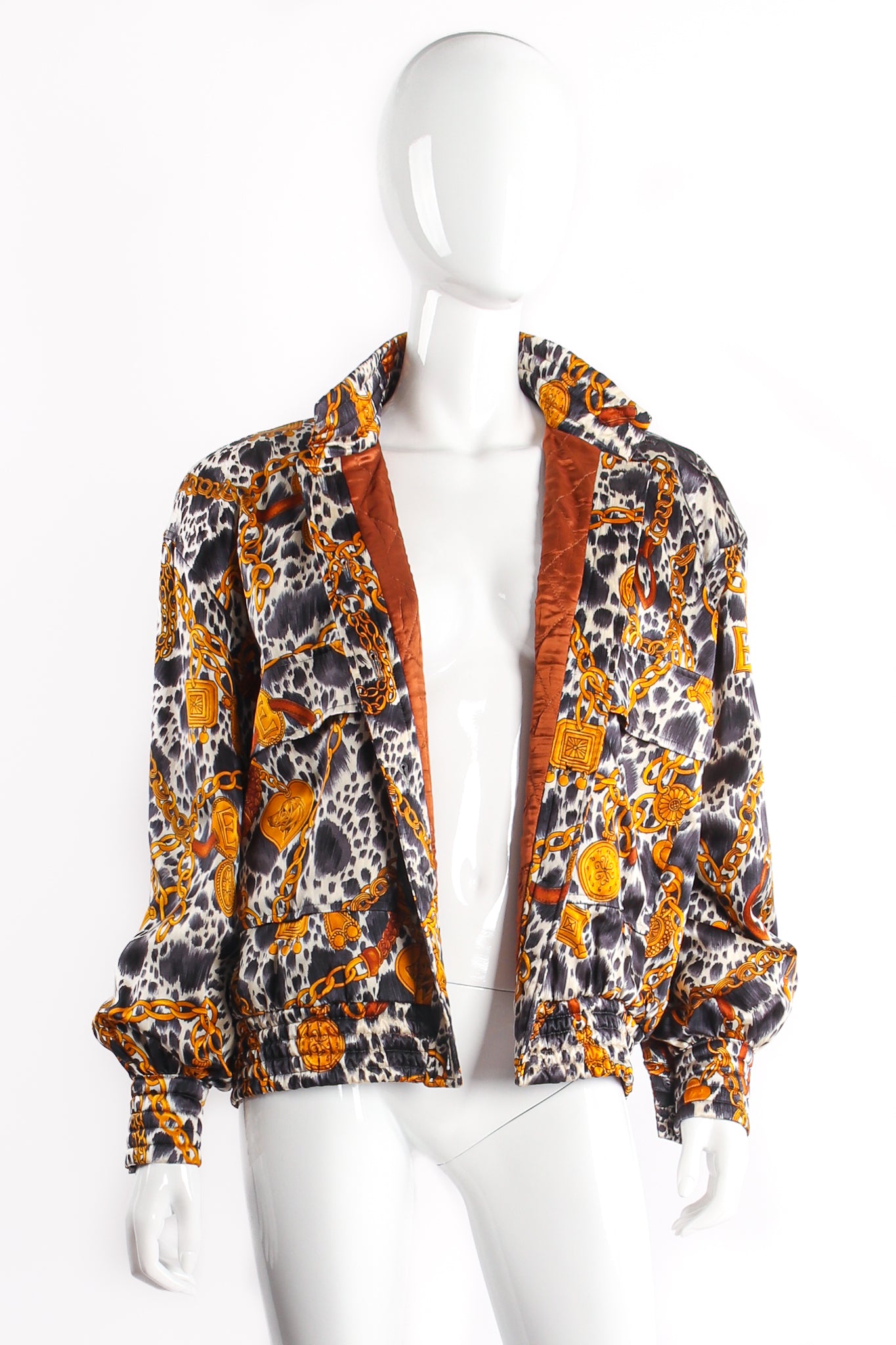 Vintage Escada Dog Hound Bridle Print Silk Bomber Jacket on Mannequin Front at Recess LA