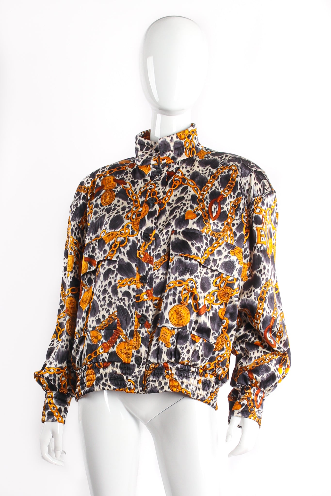 Vintage Escada Dog Hound Bridle Print Silk Bomber Jacket on Mannequin Front at Recess LA