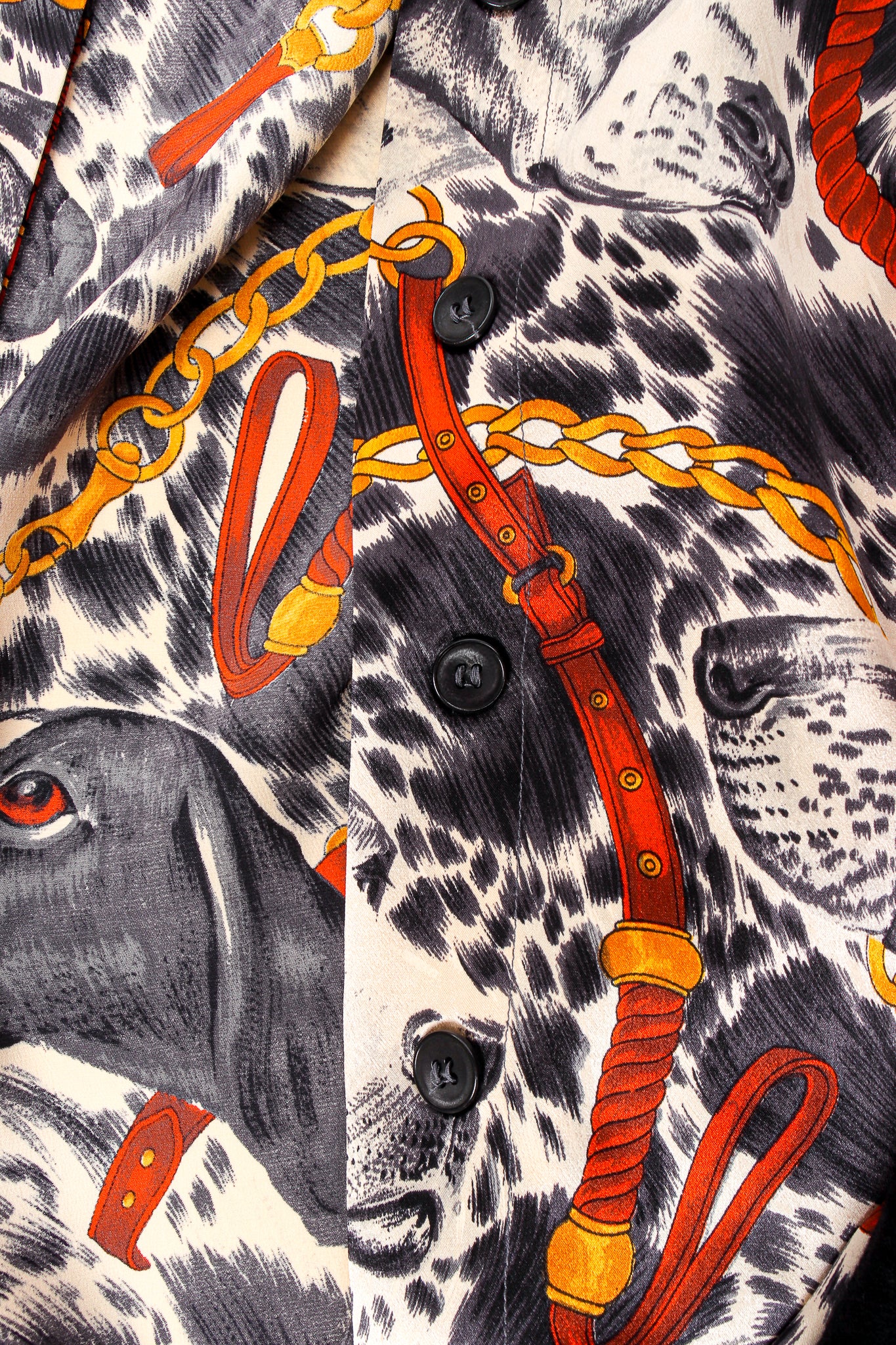 Vintage Escada Dog Hound Bridle Print Silk Blouse Closeup at Recess LA