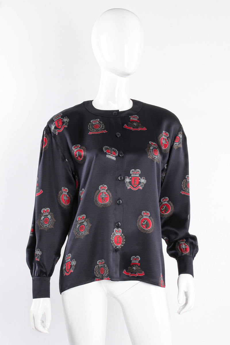 Vintage Escada Emblem Crest Print Blouse on mannequin front at Recess Los Angeles