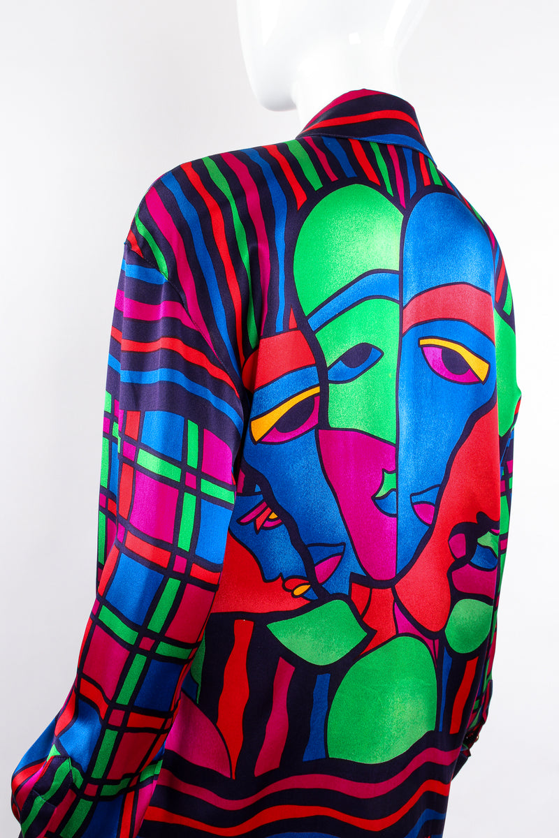 Vintage Escada Expressionist Portrait Print Silk Shirt on Mannequin back angle at Recess LA