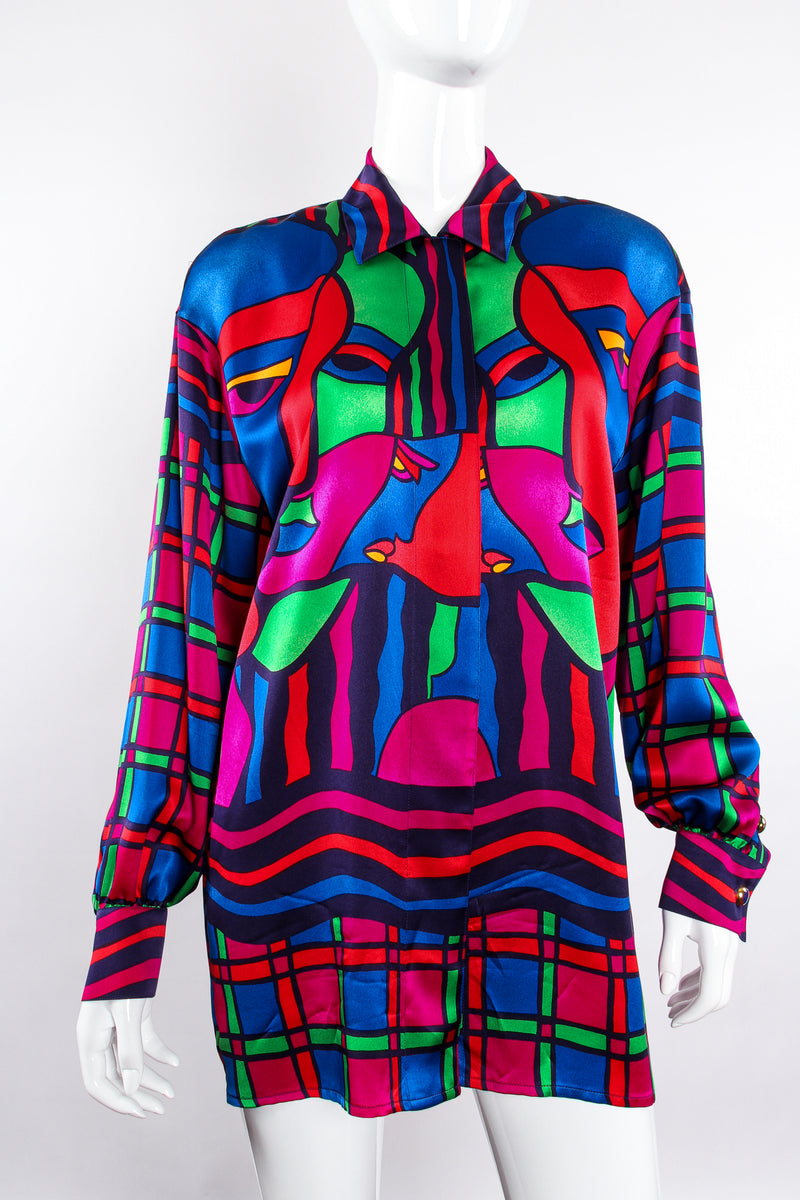 Vintage Escada Expressionist Portrait Print Silk Shirt on Mannequin front crop at Recess LA