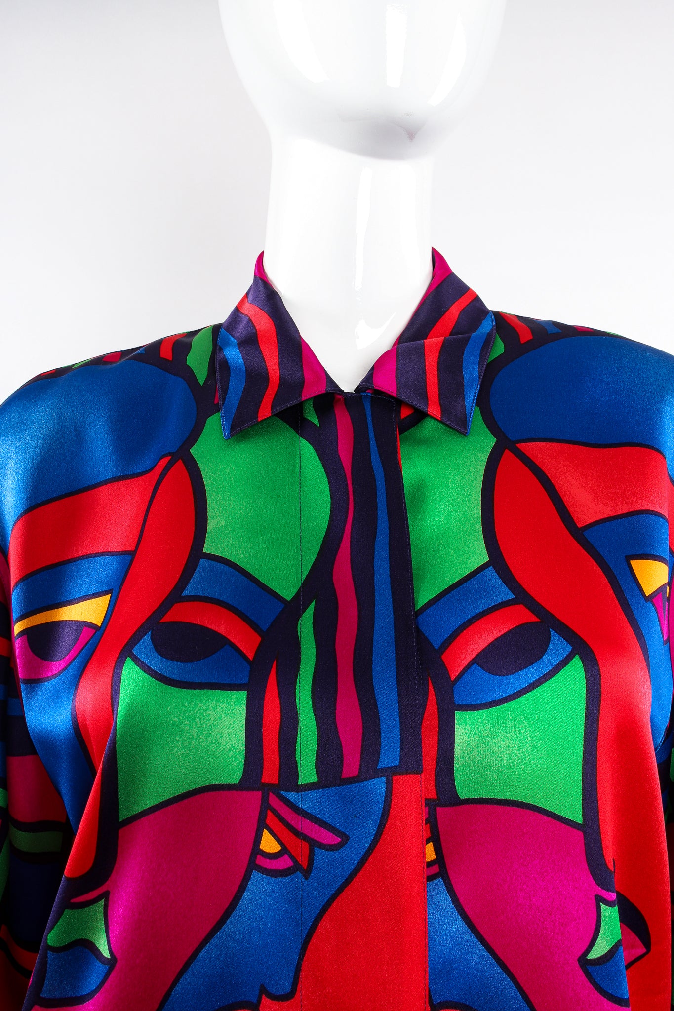 Vintage Escada Expressionist Portrait Print Silk Shirt on Mannequin collar at Recess LA