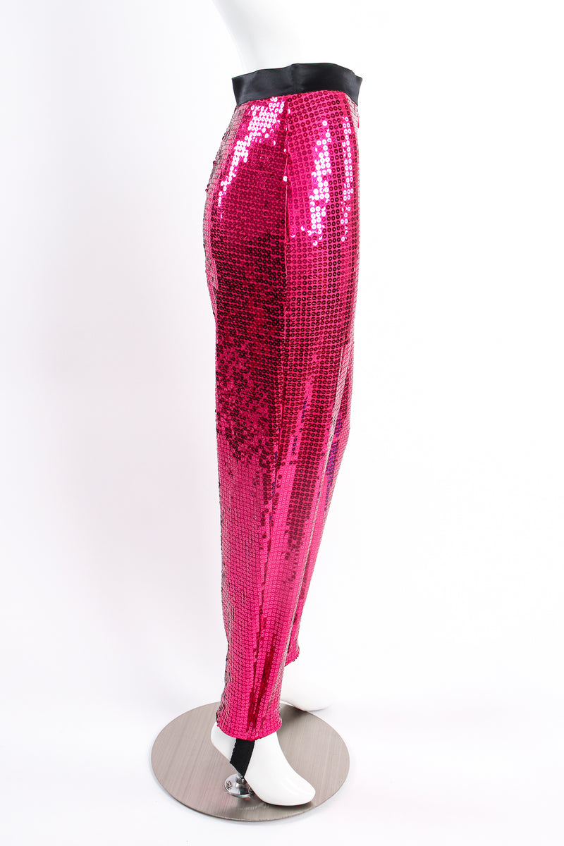 Vintage Escada Fuchsia Sequin Stirrup Pant on mannequin side at Recess Los Angeles