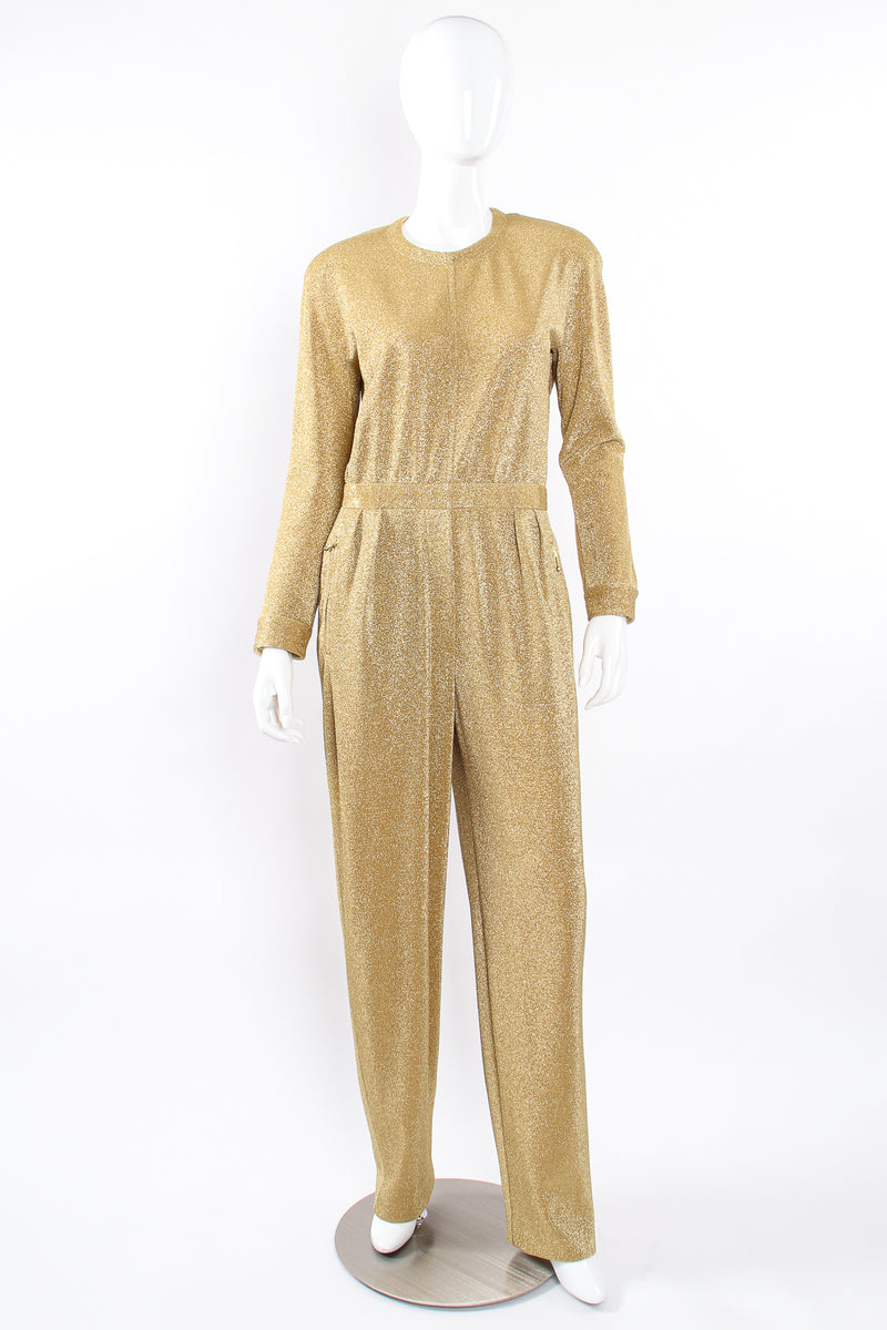 Vintage Escada Metallic Gold Lurex Jumpsuit on Mannequin front at Recess Los Angeles