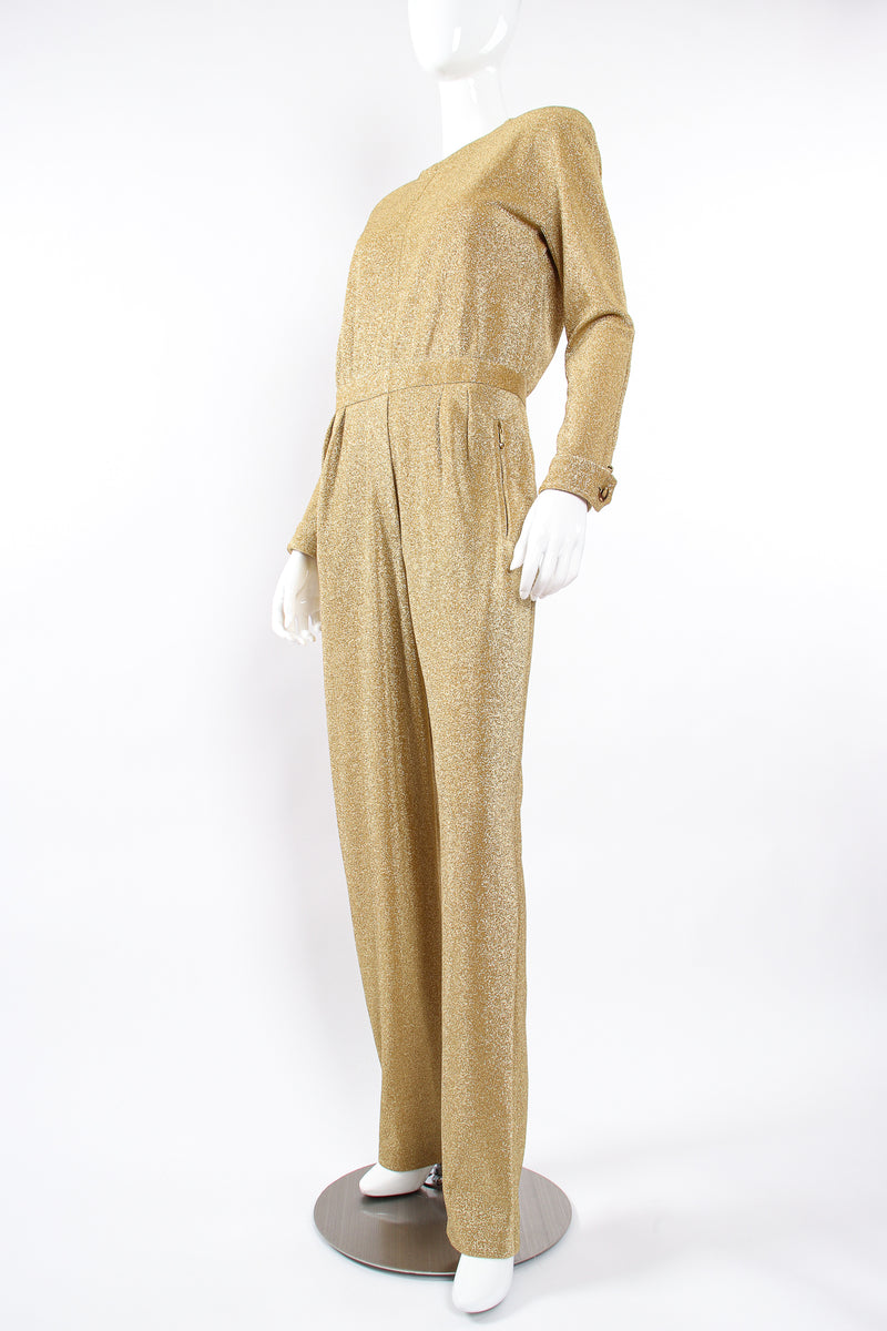 Vintage Escada Metallic Gold Lurex Jumpsuit on Mannequin front angle at Recess Los Angeles