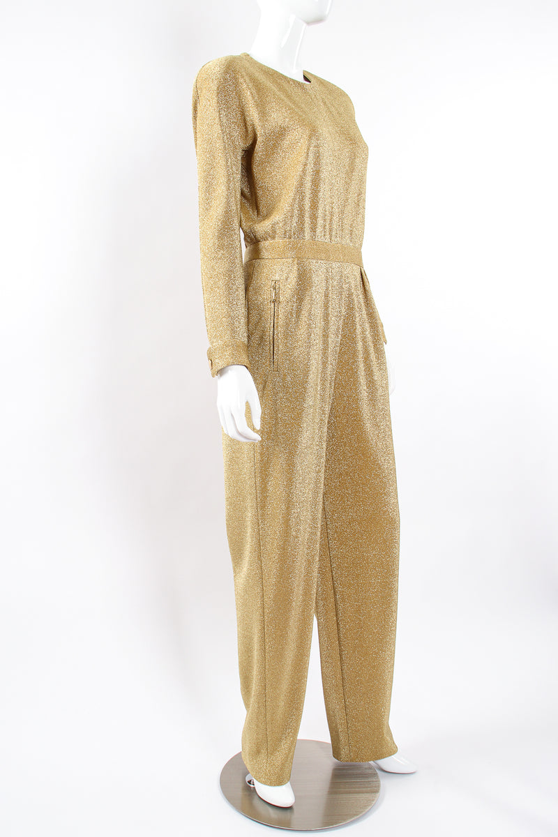 Vintage Escada Metallic Gold Lurex Jumpsuit on Mannequin angle at Recess Los Angeles