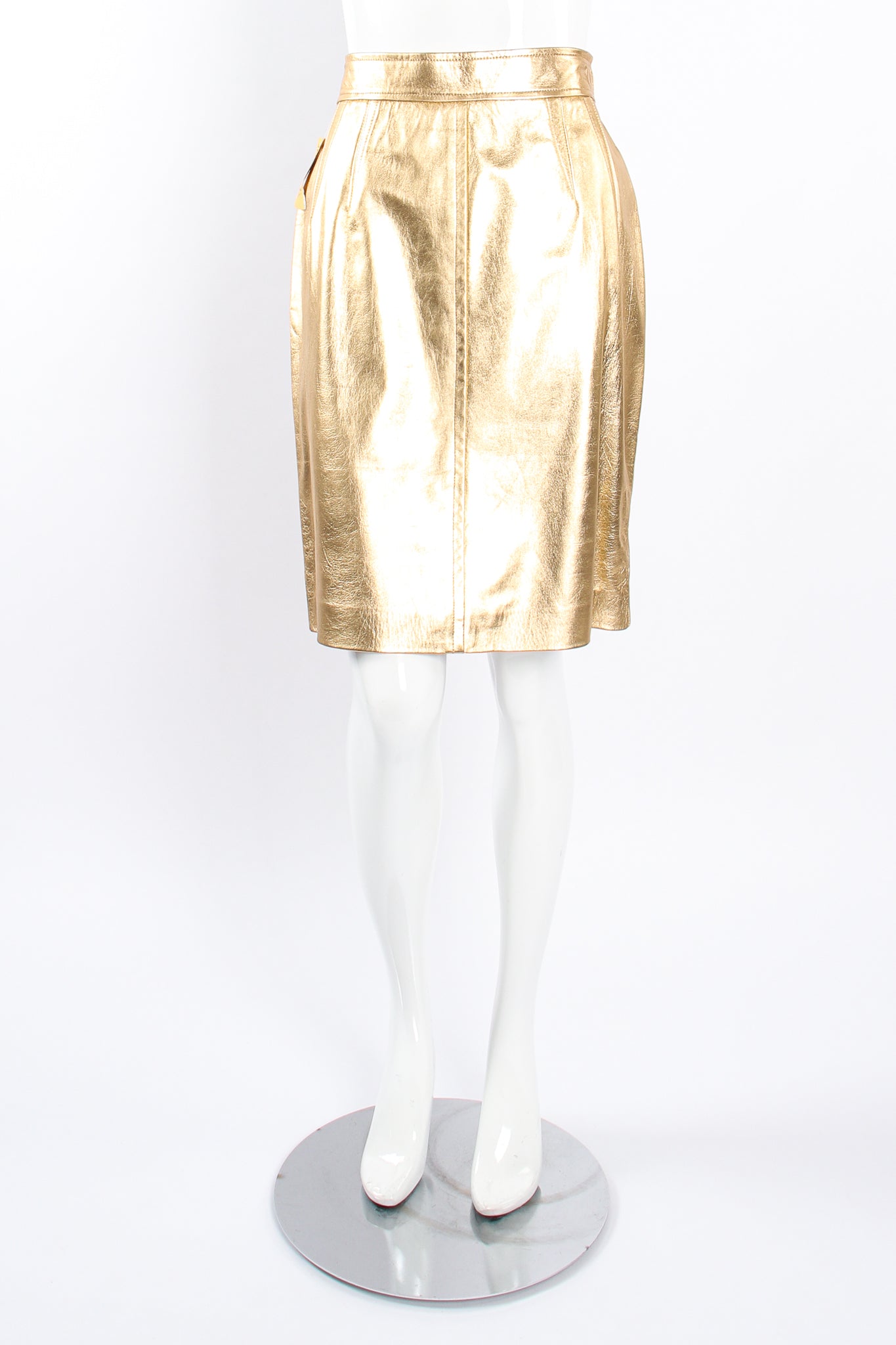 Vintage Escada Gold Leather Lamé Skirt on Mannequin front at Recess Los Angeles