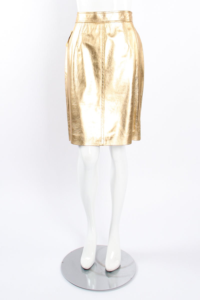 Vintage Escada Gold Leather Lamé Skirt on Mannequin front at Recess Los Angeles