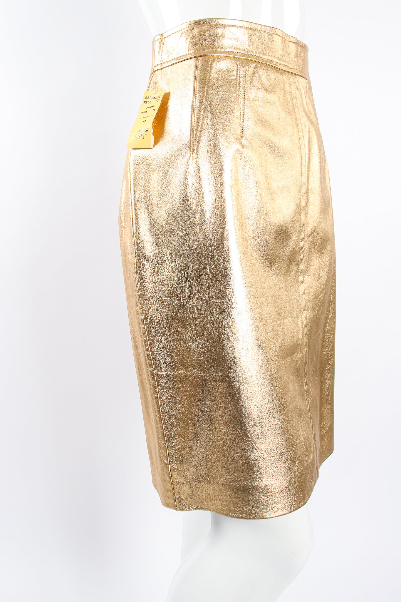 Vintage Escada Gold Leather Lamé Skirt on Mannequin front angle at Recess Los Angeles