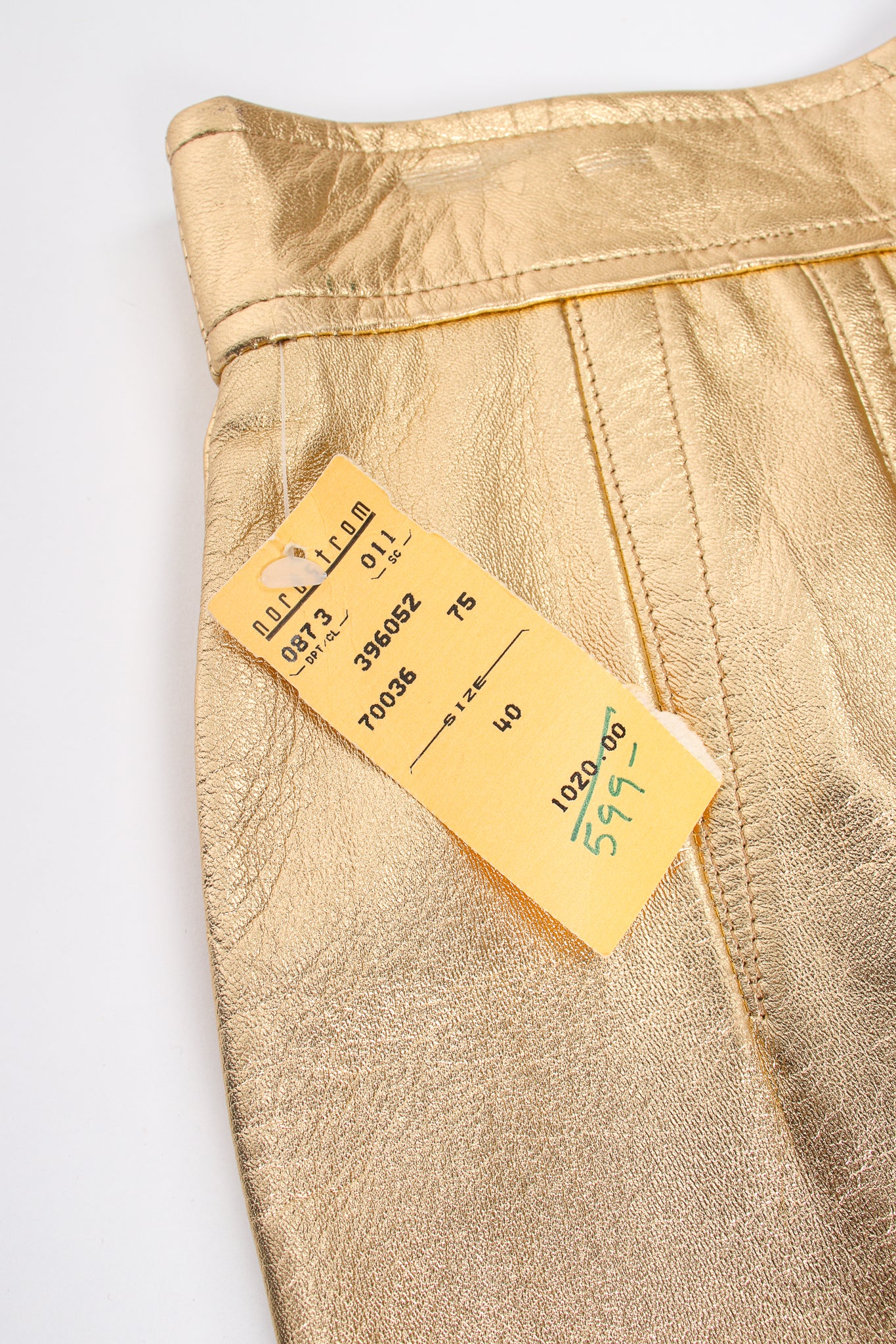 Vintage Escada Gold Leather Lamé Skirt nordstrom tag at Recess Los Angeles