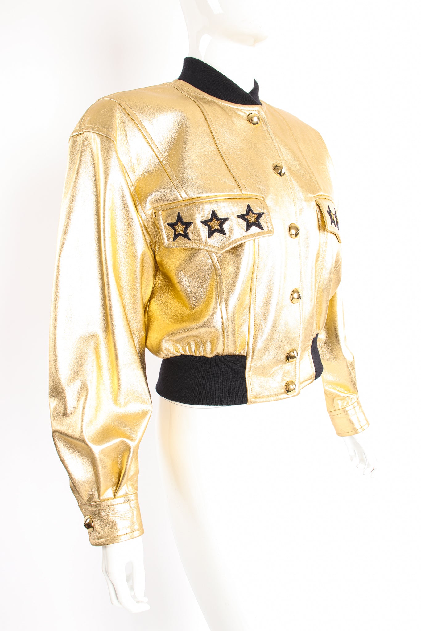 Vintage Escada Gold Star Leather Bomber Jacket on Mannequin angle at Recess Los Angeles