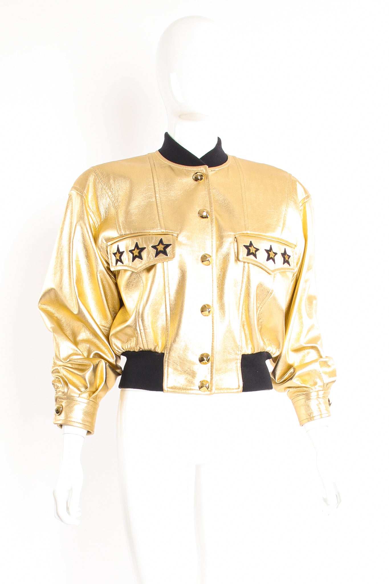 Vintage Escada Gold Star Leather Bomber Jacket on Mannequin front at Recess Los Angeles