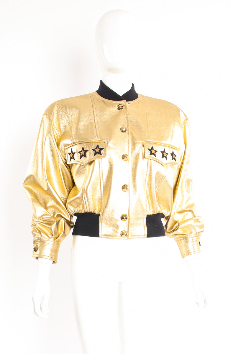 Vintage Escada Gold Star Leather Bomber Jacket on Mannequin front at Recess Los Angeles