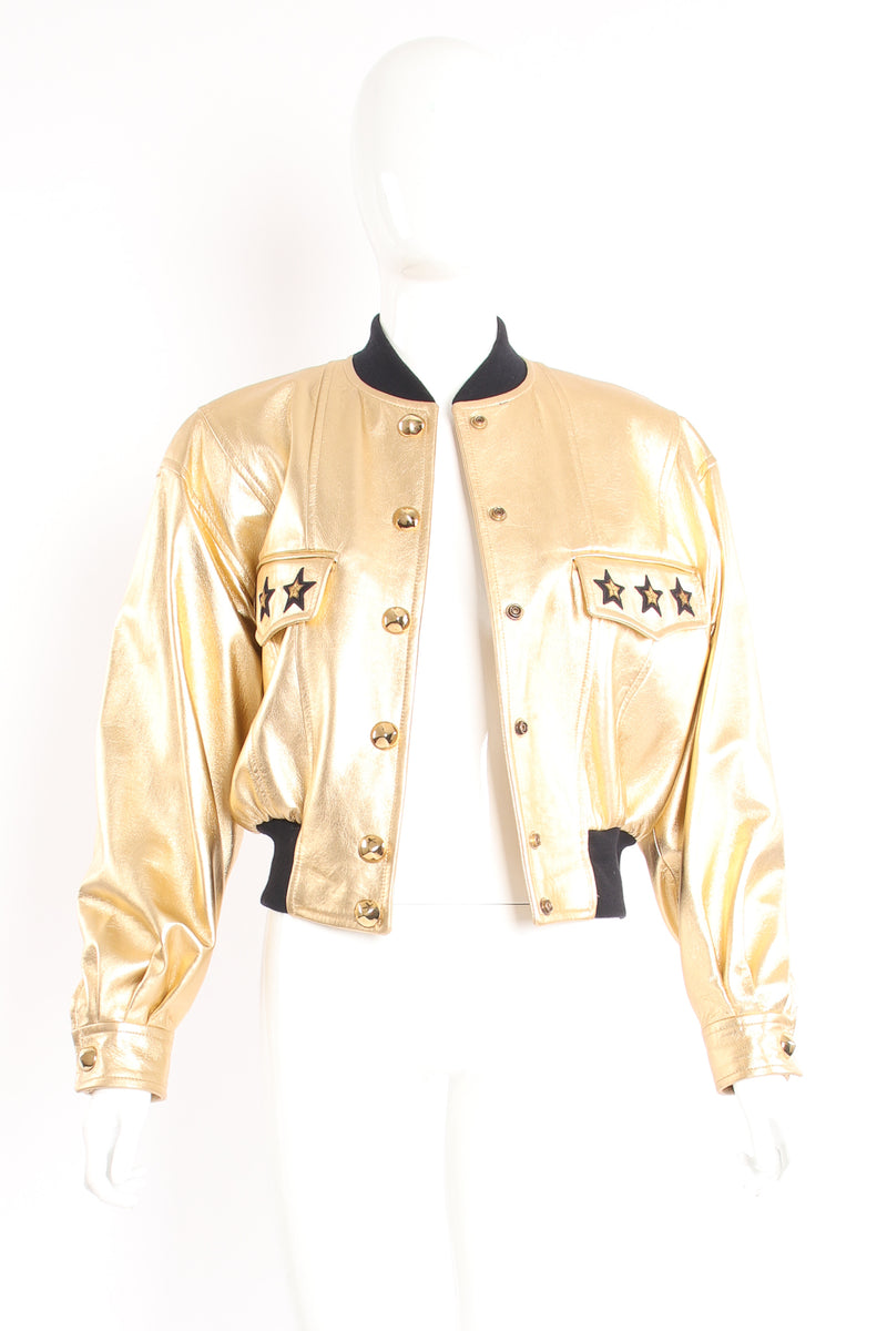 Vintage Escada Gold Star Leather Bomber Jacket on Mannequin front at Recess Los Angeles