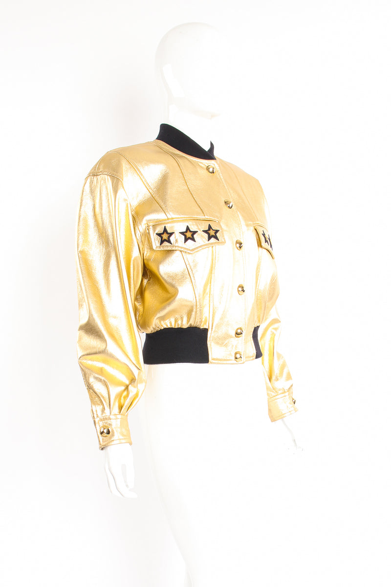 Vintage Escada Gold Star Leather Bomber Jacket on Mannequin angle at Recess Los Angeles