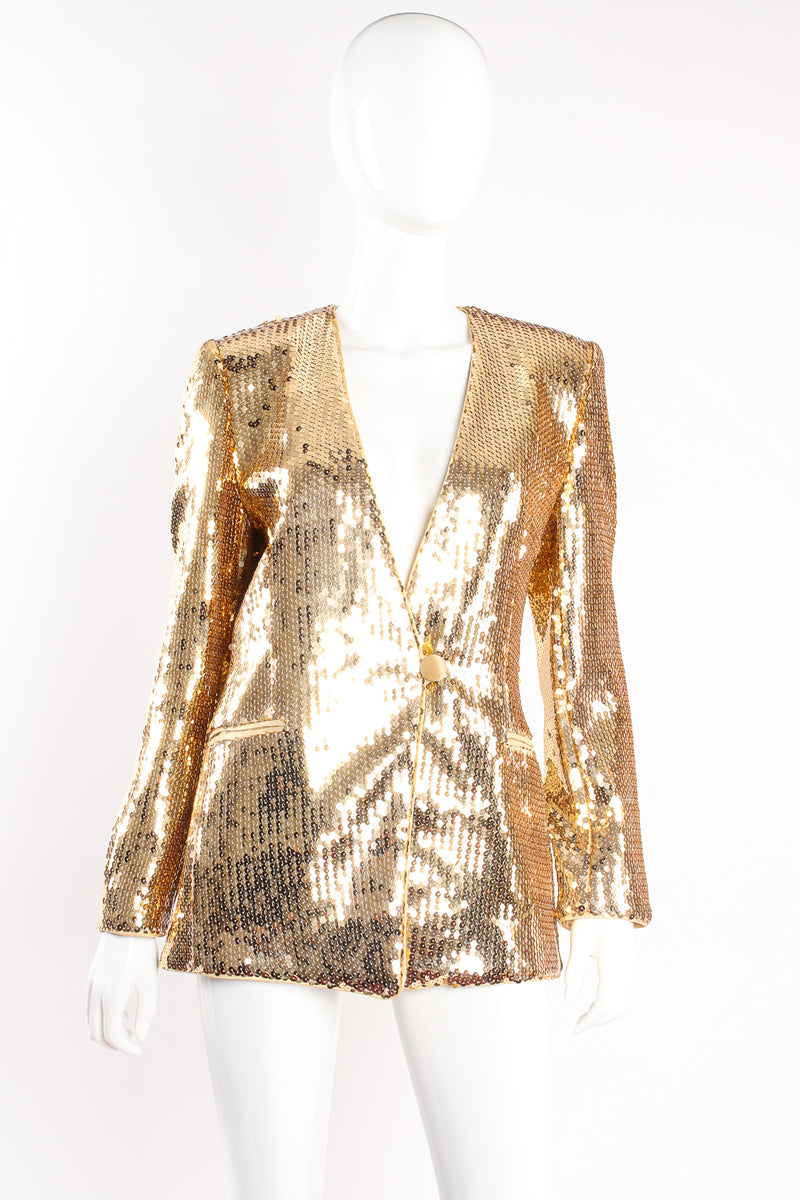 Vintage Escada Gold Disco Sequined Jacket Set on mannequin front at Recess Los Angeles