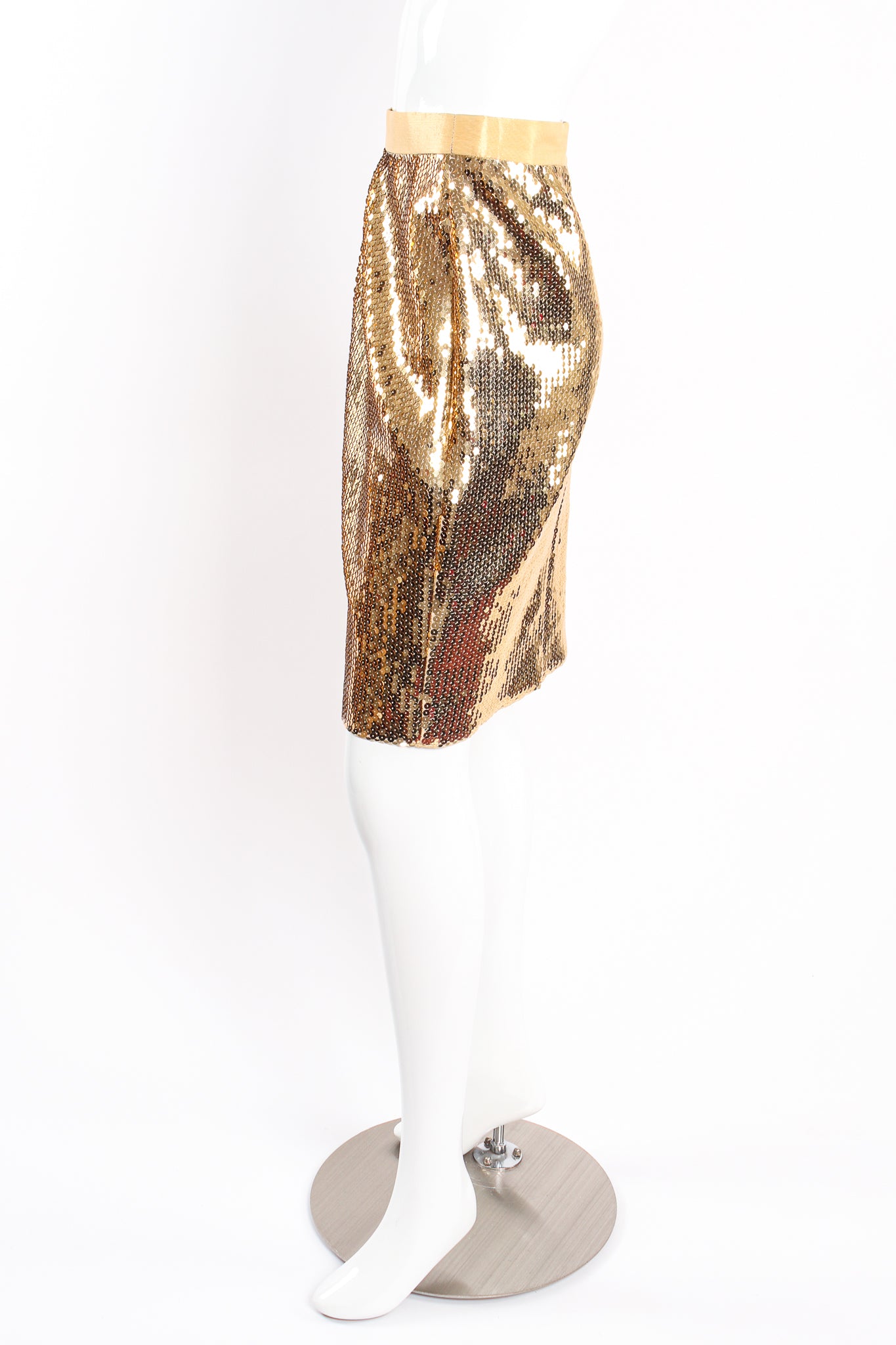 Vintage Escada Gold Disco Sequined Skirt Set on mannequin side at Recess Los Angeles