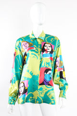 Vintage Escada Satin Silent Film Pop Art Shirt on Mannequin front at Recess Los Angeles